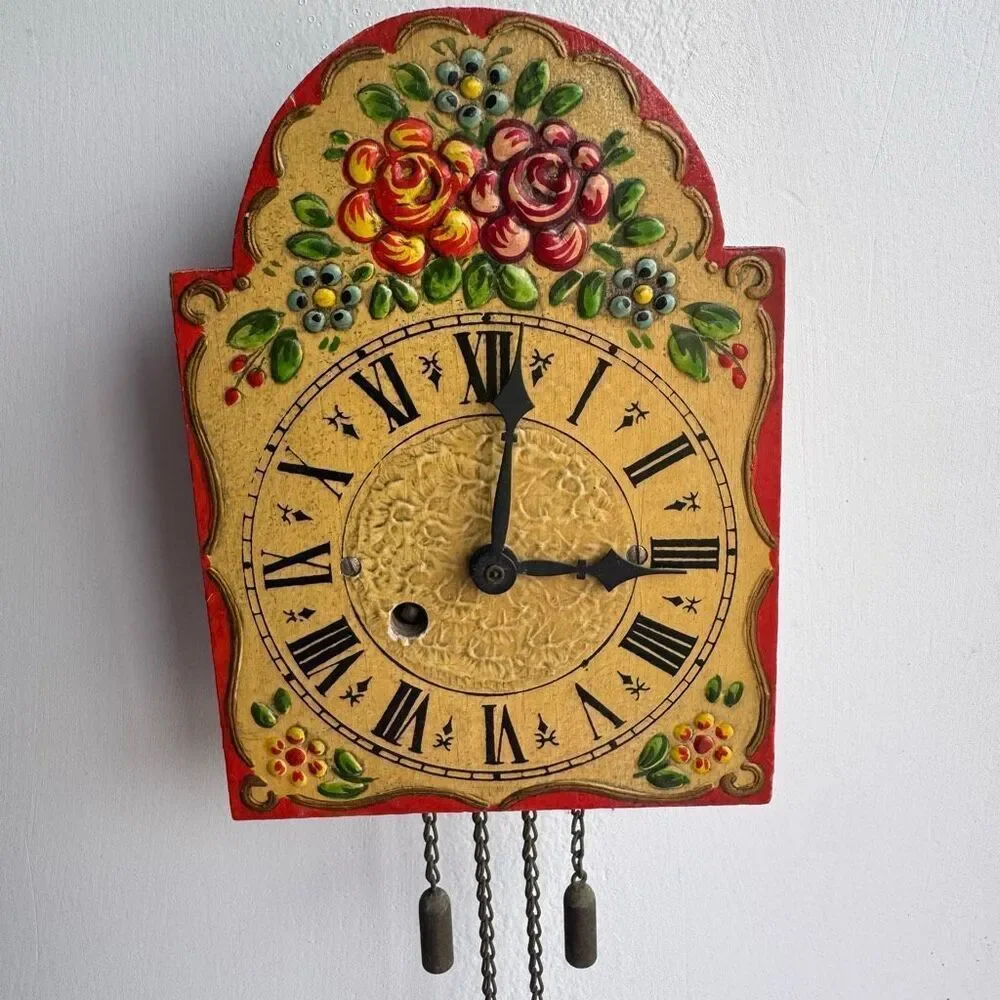 Vintage German Black Forest Wall Clock Hand Painted Floral Folk Art Wood Germany